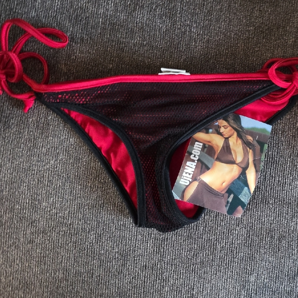 UjENA Black and Red Adjustable Tie Swim Bikini Bottom Mesh